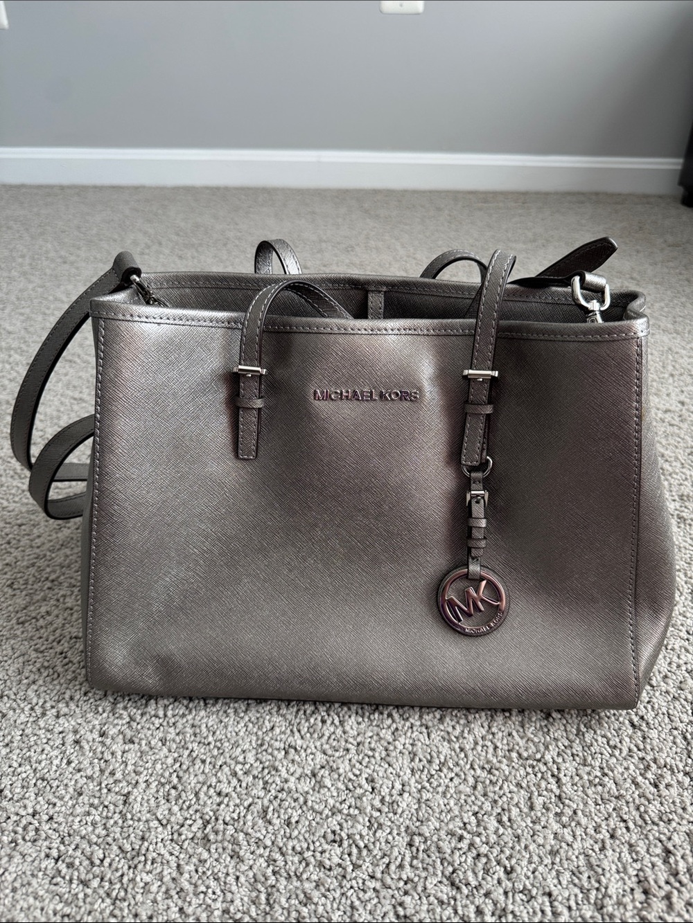 Michael Kors Metallic Pewter Saffiano Shoulder Tote